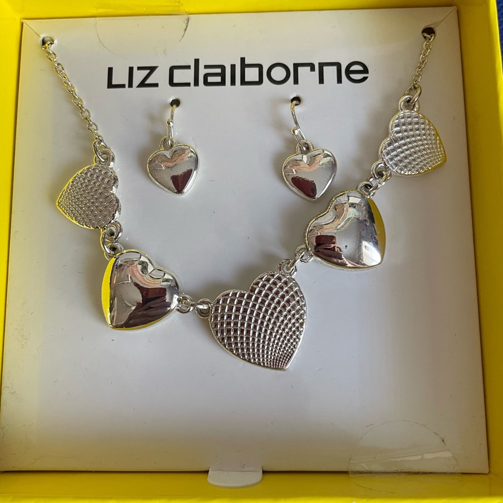 Liz Claiborne Silver Heart Necklace and Earring Set